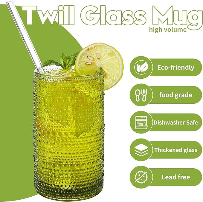 Vintage Glassware Drinking Glasses Set of 6,16oz Hobnail Glass Cups,Embossed Green Water Tumbler,for Cocktail, Juice, Whiskey, Milk and Various Mixed Drinks