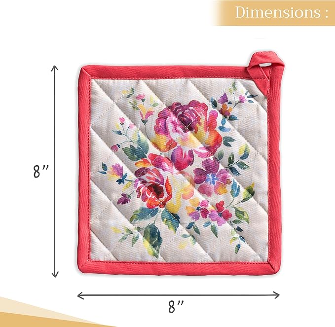 Maison d' Hermine Pot Holders 100% Cotton Heat Resistant Potholders 8" x 8" Hot Pads with Loop BBQ, Cooking, Baking, Grilling, Kitchen, Handling Hot Pans Spring/Summer (Pack of 1, Rose Garden)