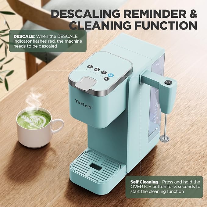 Single Serve Coffee Maker with Built-in Detachable Milk Frother, Iced and Hot Coffee Machine for K Cup & Grounds, 40oz Removable Water Reservoir, 6 Cup Sizes, Fits 7.3" Travel Mug, Teal