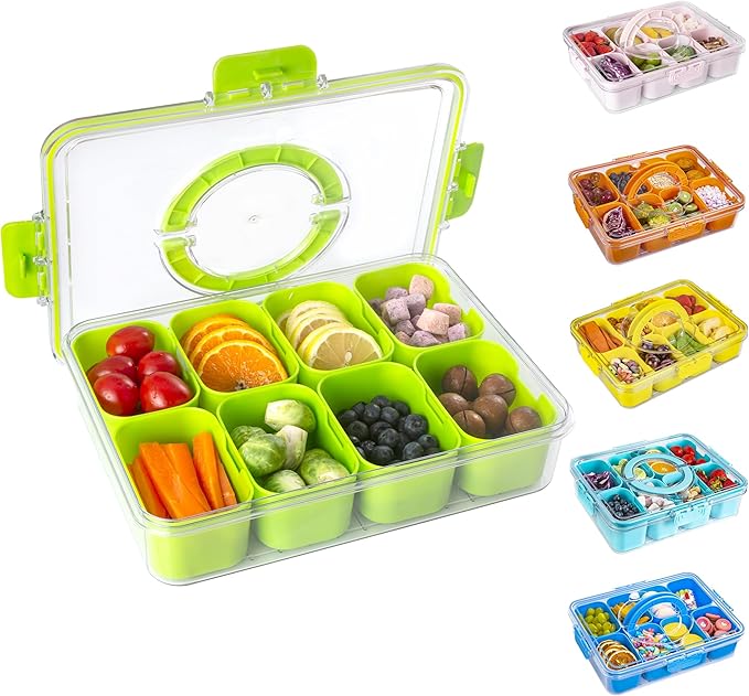 Divided Snack Serving Tray with Lid and Handle Travel Snackle Charcuterie Container Portable Storage Organizer for Candy, Fruits, Nuts, Snacks, Party, Picnic (1pack, Green)