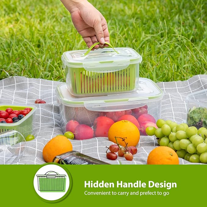 LUXEAR Fruit Vegetable Produce Storage Saver Containers with Lid & Colander 5 Packs BPA-Free Plastic Fresh Keeper Set | Refrigerator Fridge Organizer | for Salad Berry Lettuce Food Celery - Green