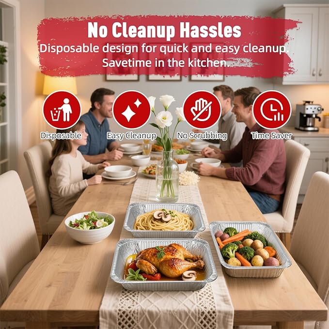 Aluminum Pans Half Size, 9x13, Heavy Duty Disposable Foil Pans for Baking, Roasting, Cooking, Heating, Storing, Deep Tin Foil Bakeware for Oven, Steam Table Tray, Cookware, Food Prepping (60 Pack)