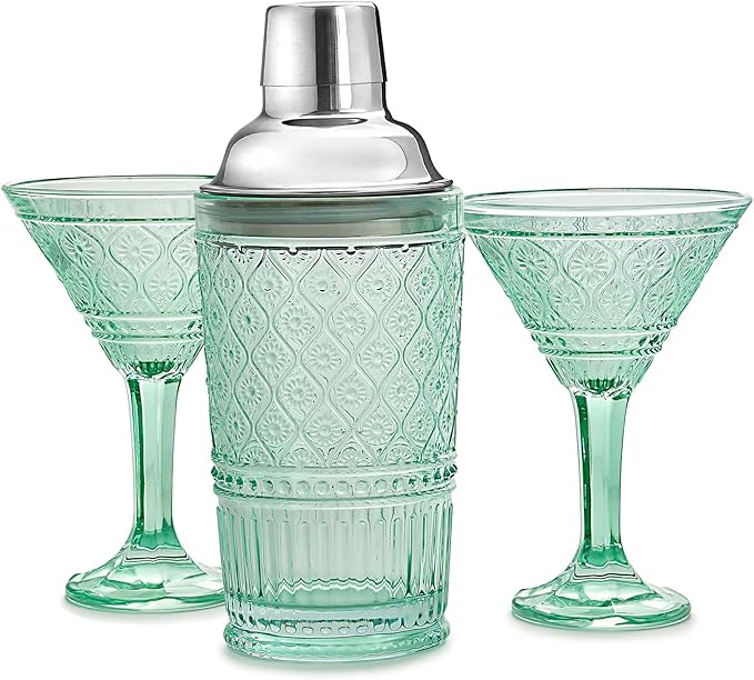 Godinger Cocktail Shaker and Martini Glasses Barware Gift Set, Martini Shaker and 2 Cocktail Glasses Set, Vintage Decor, Claro Collection, Green