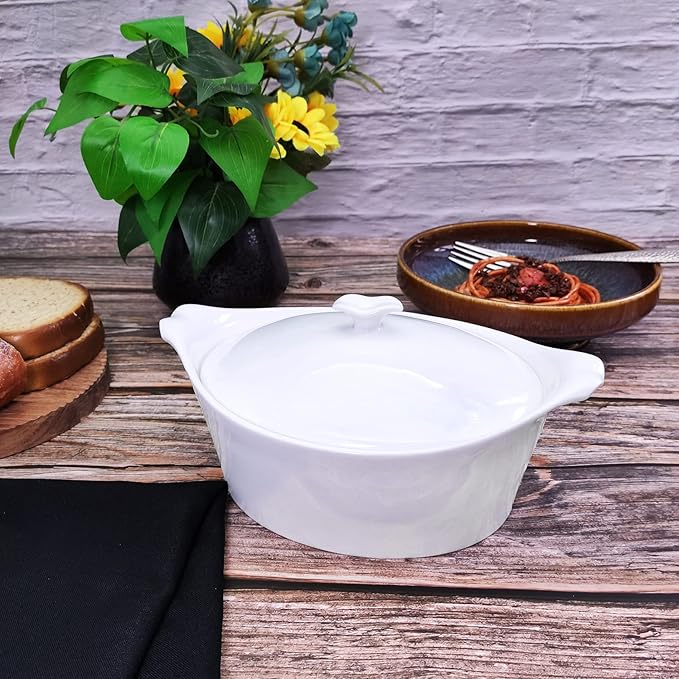 7" x 6" Ceramic Oval Casserole Dish with Lids, 30 Oz White French Serving Soup Tureens, Baking Dish with Handle 9.4 IN, for Casseroles, Cookware Set, Microwave, Oven Safe