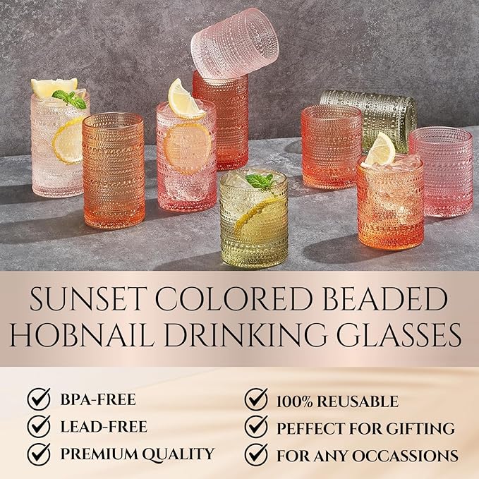 Hobnail Beaded Highball Drinking Tumbler Glasses | Set of 10 | Color, Vintage Bubble Design Whiskey Glassware, Old-Fashioned, Embossed Design, Water, Wine, Cocktail Embossed Heavy Glass, Rocks Glass