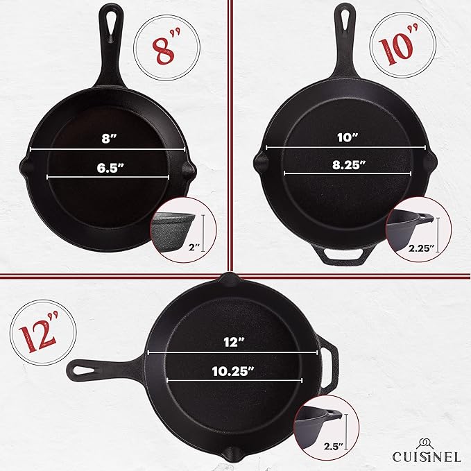 Cuisinel Cast Iron Skillet Set - 8" + 10" + 12"-Inch Pre-Seasoned Frying Pans + Silicone Handle Grip Covers - Use Indoor/Outdoor, Oven, Grill, Stove, BBQ, Fire, Induction - Kitchen/Camping Cookware