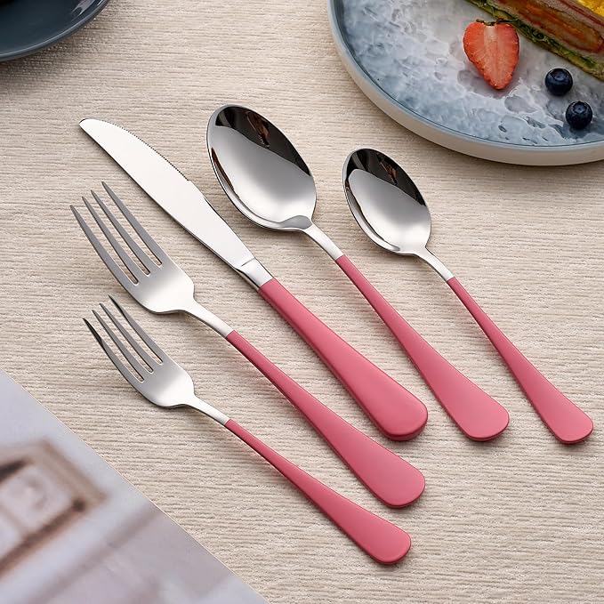 20-Piece Pink Silverware Set 18/0 Stainless Steel Silverware Set Pink Handle Cutlery Set Service for 4 Dinner Knives Forks Spoons Set Flatware Set Finish Dishwasher Safe