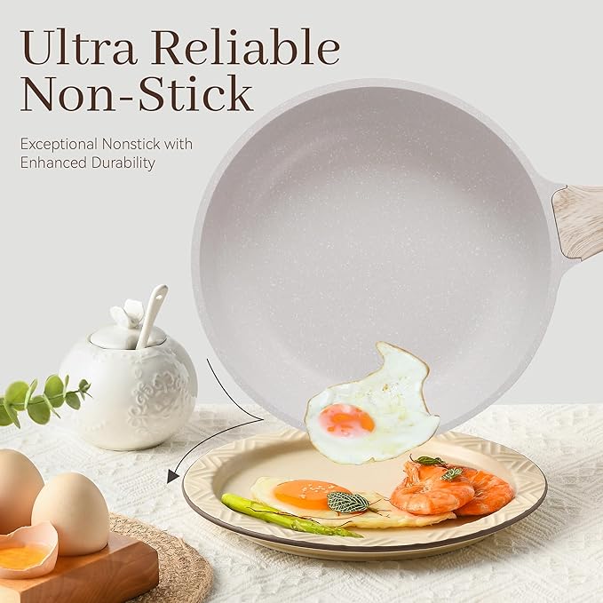 Pots and Pans Set Non Stick, 17Pcs Kitchen Cookware Sets, Granite Stone Induction Cookware Non Stick Cooking Set w/Frying Pans, Saucepans, Sauté Pan (PFOA Free), Cream White