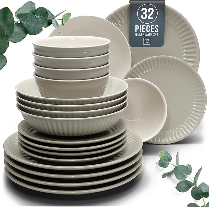 Stoneware Dinnerware Set for 8 People HYGGE 32-Piece - Elegant Scandi Design - Premium Dish Set - Bowl and Plate Set - Tableware for 8 People in a Ribbed Design - Pure Living in Light Brown