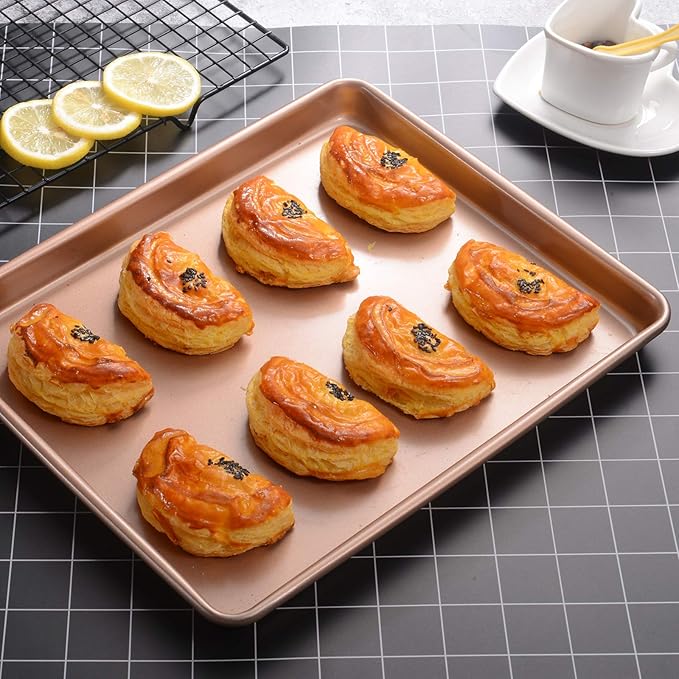 Heavy Duty Baking Sheets for Toaster Ovens - 12.5x10.5 Inch Nonstick Cookie Pan Set (0.8mm 2X Thicker Carbon Steel) Warp & Rust Proof, PFOA Free -Champagne Gold Trays