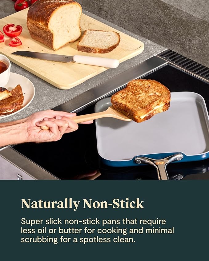 Caraway Square Cookware Set - Square Pans Set - Perfect for Griddling, Toasting, Searing, Roasting, and More - Non-Stick Ceramic Coated Pans - Non Toxic, PTFE & PFOA Free - Cream