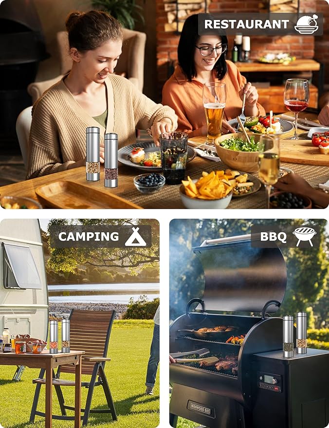 innhom Electric Salt and Pepper Grinder Set Battery Operated Stainless Steel Salt Grinder Pepper Mill Automatic Salt and Pepper Grinder Set with Adjustable Coarseness