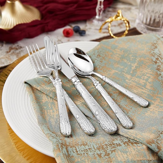 KEAWELL Premium Versailles Silverware Set, 45-Piece flatware set for 8, 18/10 Stainless Steel, Heavy-Duty, Mirror Polished, Royal Engraved Handle, For Formal Dining, Dishwasher Safe (45, Silver)