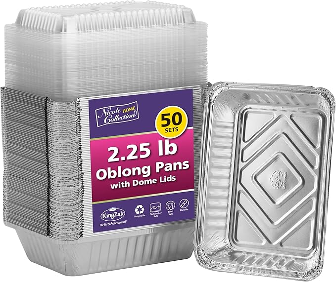Aluminum Pans With Plastic Dome Lids - 50 Count - 2.25LB (8.5"x6") Oblong Pans - To Go Containers With Lids - Disposable Tin Foil Pans - Perfect For Catering, Meal Prep, Baking, Freezer Safe