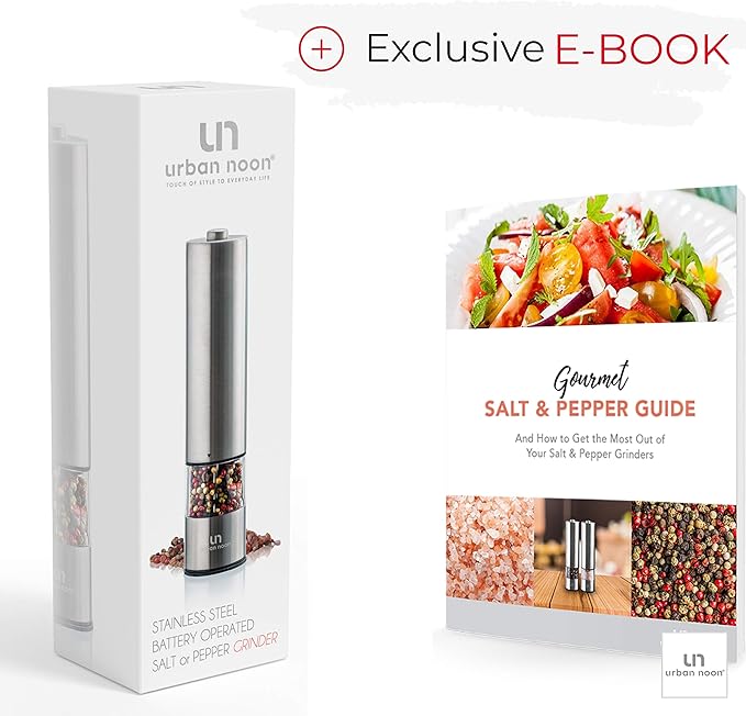 Electric Salt and Pepper Grinder - Single Battery Operated Stainless Steel Salt or Pepper Mill with Light - Automatic One Handed Operation with Adjustable Ceramic Grinder