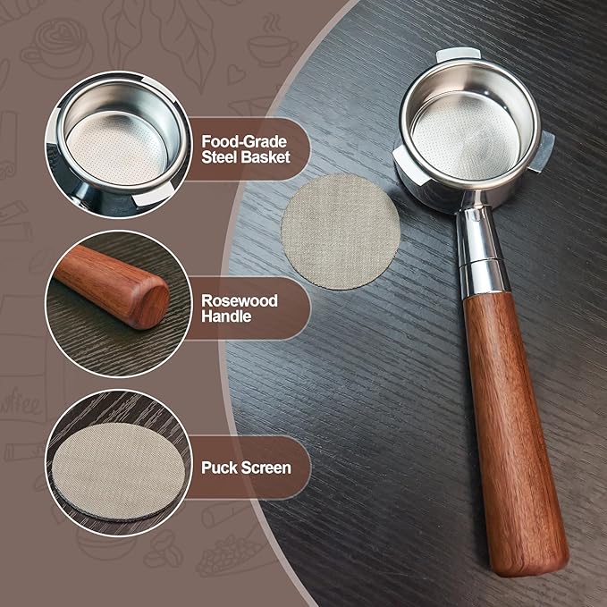 54 mm Bottomless Portafilter with Puck Screen, 3 Ears Espresso Portafilter Compatible with Breville Barista Express Machines,Stainless Steel Porta filter and Rosewood Handle
