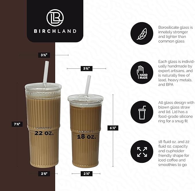 All Glass Iced Coffee Cup with Lid and Straw, Ribbed Glass Tumbler Set of 2 (18 oz)