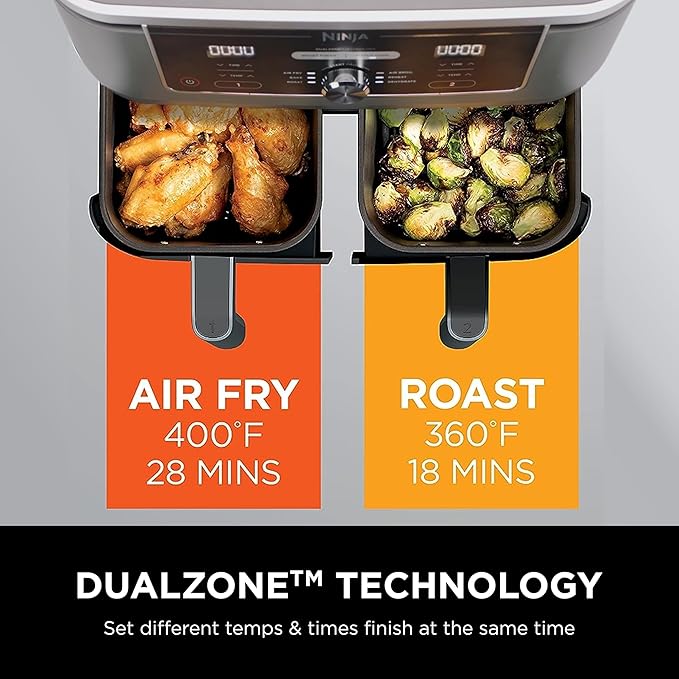 Ninja DZ401 Foodi 10 Quart 6-in-1 DualZone XL 2-Basket Air Fryer with 2 Independent Frying Baskets, Match Cook & Smart Finish to Roast, Broil, Dehydrate for Quick, Easy Family-Sized Meals, Grey