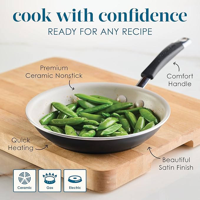 Rachael Ray Cucina Ceramic Nonstick Frying Pan/Skillet, 8.5 Inch Non Stick Open Fry Pan, Dishwasher Safe - Peppercorn