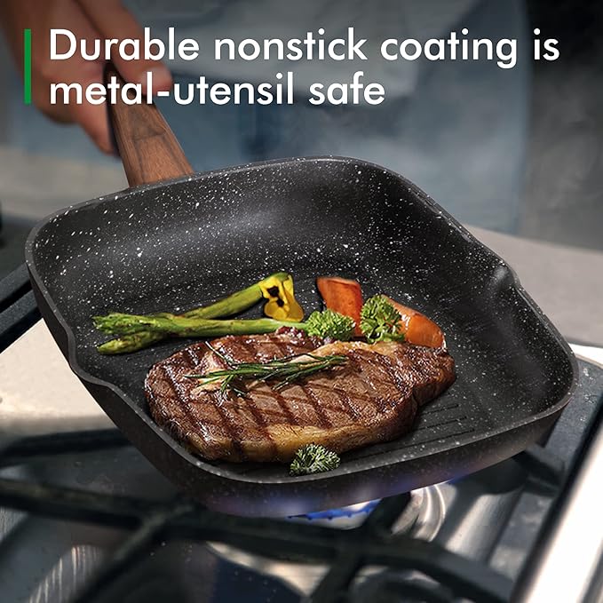 MAISON ARTS 17 Piece Black Pots and Pans Set Non Stick Granite, Non Toxic Induction Kitchen Cookware Sets, Pan and Pot Sets for Cooking Nonstick