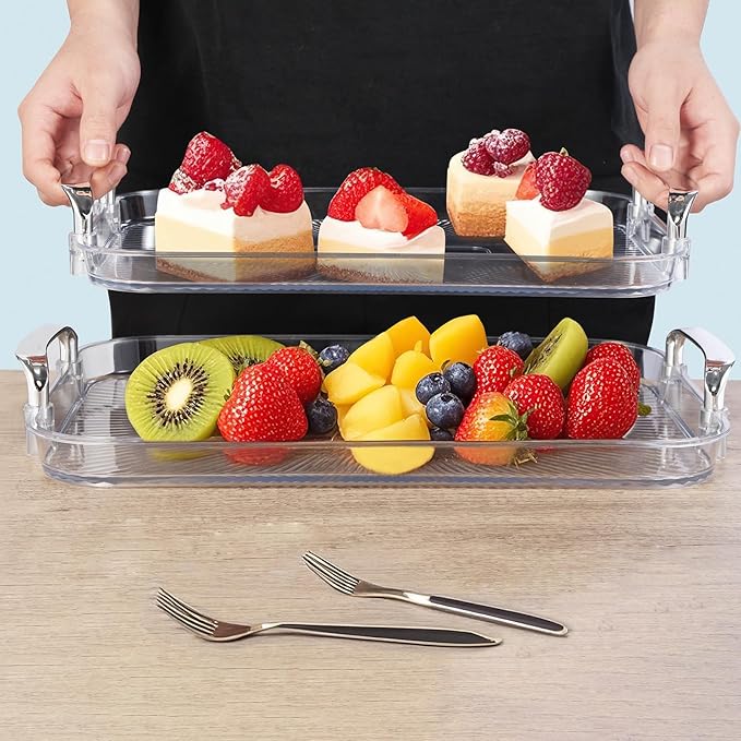 Set of 3 Serving Platters with Handles 16.5/15/13.2 Inch Reusable Large Serving Trays, Party Food Tray, Rectangular Dinner Plates for Cookie, Cake, Turkey, Cheese, Fruit, Snack(Transparent)