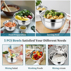 P&P CHEF Mixing Bowl with Visible Airtight Lid Set of 5, 10-Piece Stainless Steel Nesting Salad Bowl Set for Prepping, Mixing and Serving, Size 4.6, 3, 1.5, 1, 0.7 QT, Rimmed Edges & Flat Base, Blue