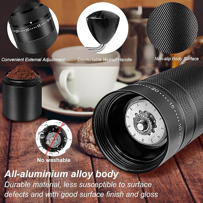 Coffee Grinder, 120 External Adjustable Settings Manual Coffee Grinder, Hand Burr Coffee Bean Grinder with Handle Crank for French Espresso Moka, Stainless Steel Conical Burr Mill, Capacity 28g