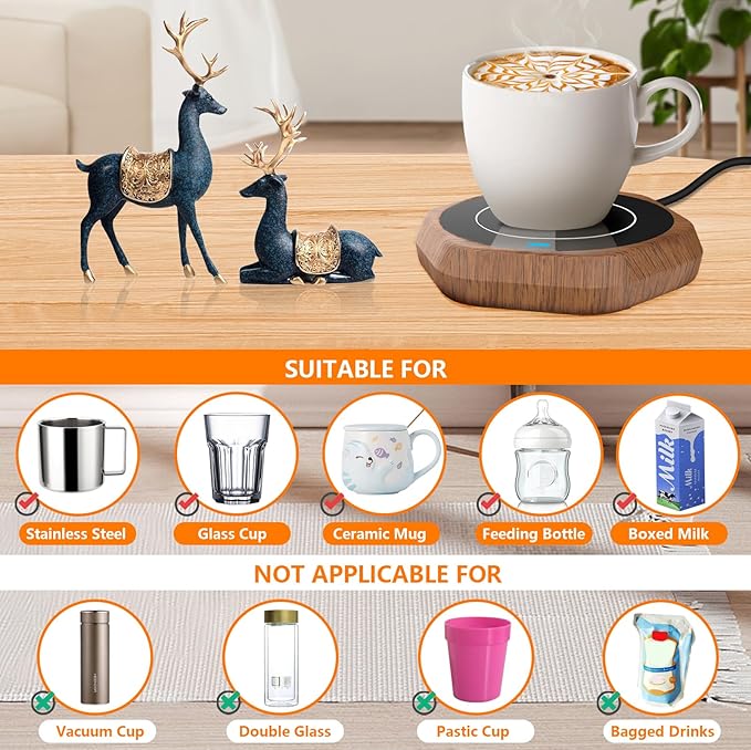 Smart Beverage Heating Plate Candle Wax Cup Warmer Electric Thermostat Coaster for Hot Coffee Milk Tea Water Cocoa Desk Home Office Use (R1 Wood Grain)