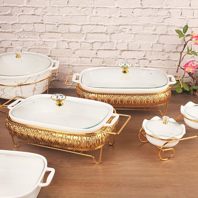 11" x 8" Ceramic Rectangular Casserole Dish with Glass Lid and rack, 1.6 Quart White Serving Soup Tureen,Chafing Dish for Buffet, Family Food Tray, Catering Casserole for Party Style