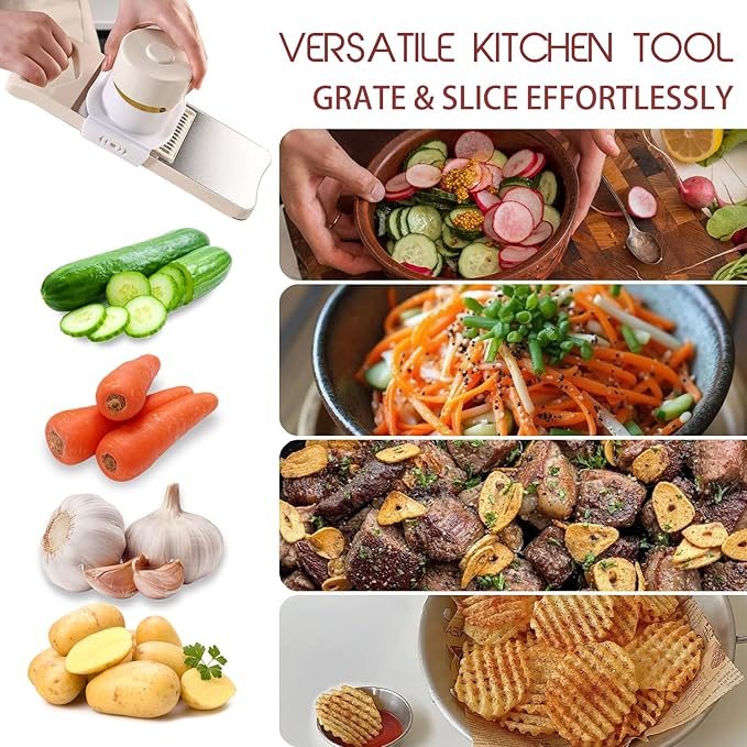 6-Blade Mandoline Slicer with Slide-On Hand Guard - Vegetable Slicer, Potato/Onion/Garlic Slicer, Kitchen Grater(Multi-Color) (Beige, 6-in-1)