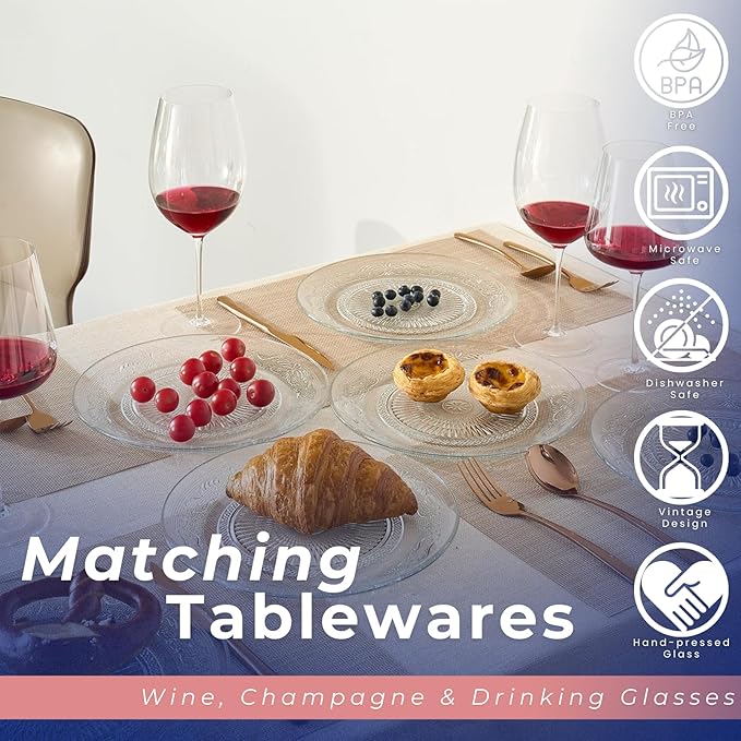 Khen Art Deco Vintage Crystal Glass Plates, Set of 6, 10.5' Dinner Plates - Dessert, Server Appetizer Plate, Snack Fruit, Side Serveware, Dishwasher Safe, 100%, Borosilicate Glass