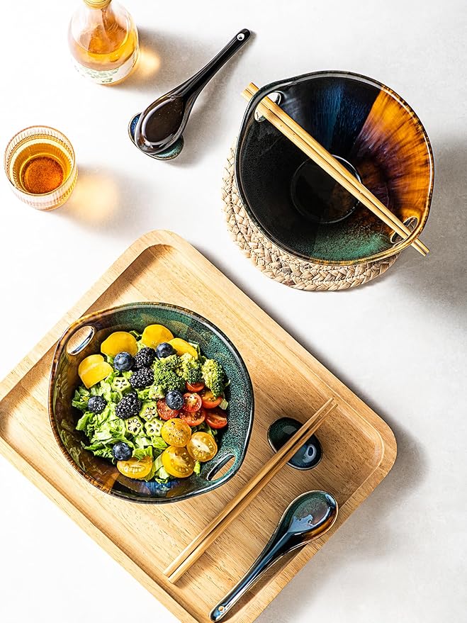 HENXFEN LEAD Japanese Ramen Noodle Bowl Set of 2-30 Oz Large Porcelain Salad Bowls with Chopsticks, Soup Spoons and Rests, Kitchen Serving Dishes for Pho, Udon