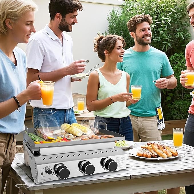 R.W.FLAME 3 Burner Tabletop Propane Griddle, 25" Stainless Steel Gas Griddle, 24,000 BTU Flat Top Grill for Outdoor BBQ,Camping & Patio Gatherings