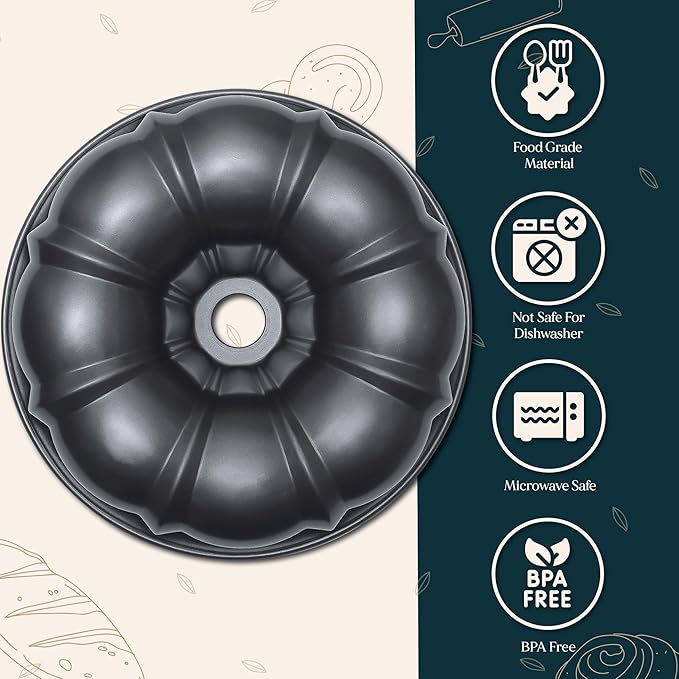 Classic Carbon Steel 10 Inch Bundt Cake Pan Nonstick - Heavy Duty Tube Pan for Baking Pound Cake, 12 Cup, Black