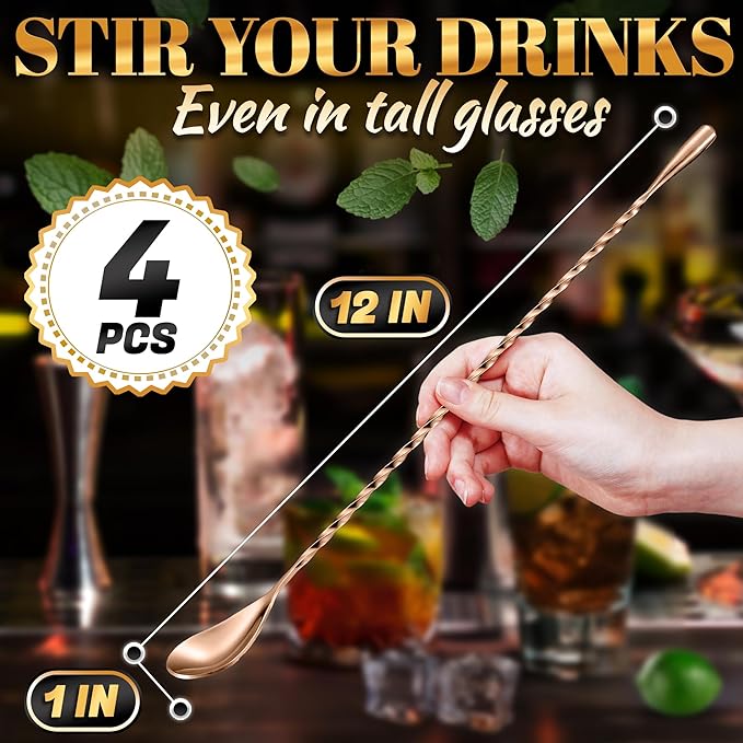 4 Pcs Bar Spoon Cocktail Mixing Spoon Set – Rose Gold Spoons with Elegant Twisted Spiral Handle, Good for Cocktails, Iced Tea, and Coffee Drinks – Durable Stylish Stainless Steel Stirring Spoons