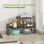 DOLALIKE Expandable kitchen Countertop Organizer, Stackable Cabinet Shelf Organizers, Space Saving Spice Rack Pantry Storage for Bathroom Office Organization (6.9'D*13-19.7''W*15.7''H, Black)