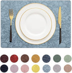 Romanstile Vinyl Placemats Set of 6-12 X 18 Inch - Heat Resistant Non-Slip Embossed Floral Place Mats 100% Waterproof Oilproof Wipeable Faux Leather Table Mats for Kitchen/Dining/Party, SkyBlue