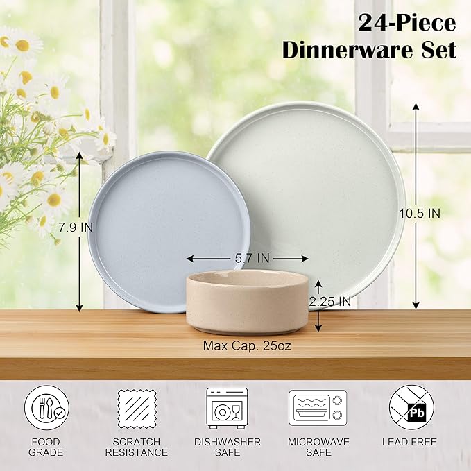 E-far Dinnerware Sets for 8, 24-Piece Stoneware Plates and Bowls Dish Set, Modern Kitchen Dinning Dishware, Chip and Scratch Resistant, Microwave & Dishwasher Safe, Speckled Multicolor