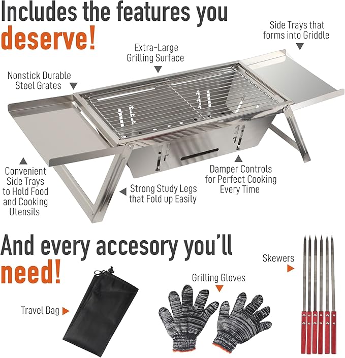 FoldNGo Portable Charcoal Grill with 6 Skewers - Stainless Steel Foldaway Grill for Camping, BBQ, Tailgating, Picnics - Instant Assembly, Includes Gloves & Carry Bag