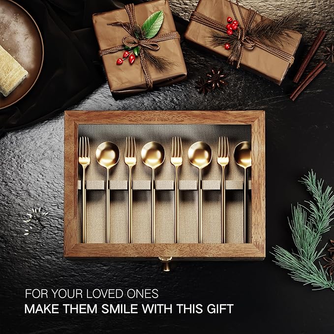 Silverware Box, 3-Layer Wooden Silverware Storage Box with Glass Lid, 14.5×10.6 Inches Vintage Style Decor Flatware Storage Case for Fine Flatware & Utensils, Gift Idea (Torched Wood)