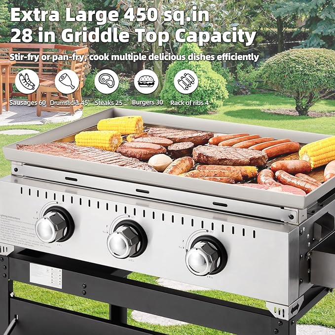 MELLCOM 3 Burner 30000 BTU Outdoor Gas Griddle with Lid (Side Shelf), Portable Flat Top Griddle 28 Inch Heavy- Duty Cast lron Grill, Bottle Rack & Grease Pan for Camping, Picnic, Patio