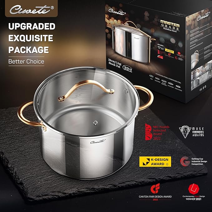 Stock Pot 12 Quart, 18/10 Tri-Ply Stainless Steel All Clad Stock Pot with Lid, Seamless 12 QT Cooking Pot with Copper Handle, Healthy Stockpots, Induction, Gas, Oven and Dishwasher Safe