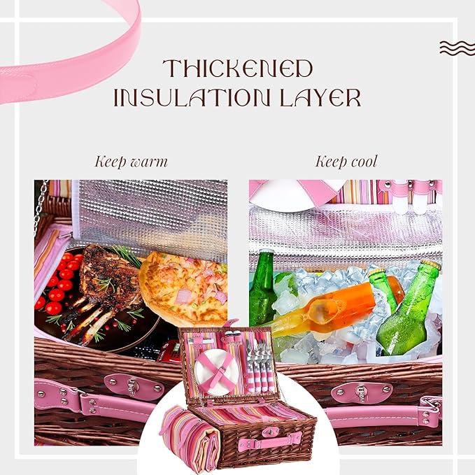 Picnic Basket Set for 4 with Waterproof Blanket Mat Insulation Bag Wicker Pink Red Stripe Classic Gift for Wedding Birthday Summer Camp Outdoor Camping Beach Travel Christmas Vacation