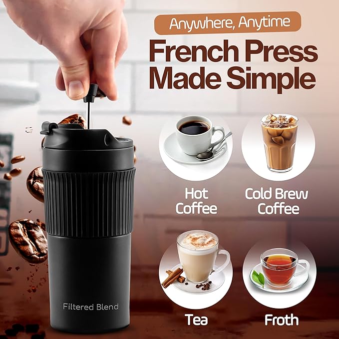 15oz Double Wall Stainless Steel Insulated French Press Coffee and Tea Maker - Portable Camping Tea, Coffee Mug and Tumbler (White)