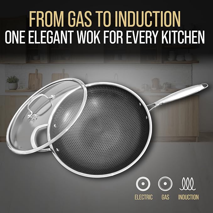 12.5” Nonstick Stainless Steel Wok Pan with Lid | Tri-Ply Honeycomb Hybrid Stir-Fry Pan | Nonstick Woks & Stir-Fry Pans | PFOA-Free, Induction, Dishwasher & Oven Safe