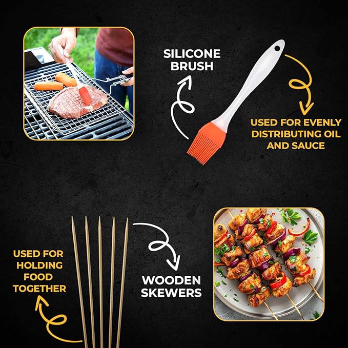 Fish Grill Baskets for Outdoor Grill Vegetables, Fish Grilling rack for Grill, BBQ Grilling Basket, Stainless steel Grill Basket for Veggies, shrimp Includes 50 skewers, Silicon Brush, and Carry Bag