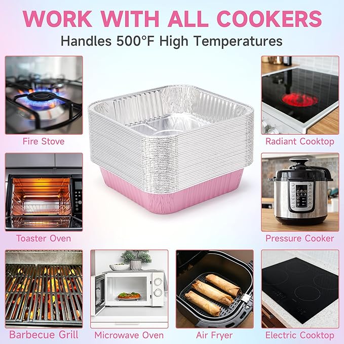 (35 Pack)Pink 8x8 Inch Disposable Aluminum Foil Pans&Square Cake Pans for Parties, Clear Plastic Lids,Eco-Friendly Baking Trays with Stickers&Cake Spoons,Picnics,Casseroles,Takeout,Recyclable Cookware