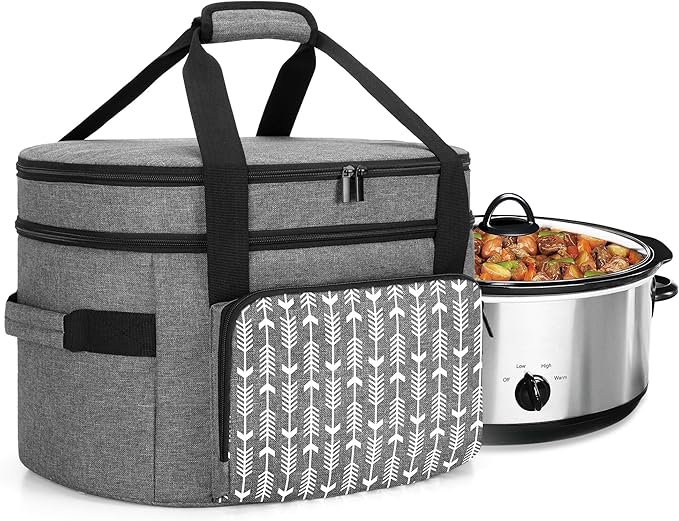 Yarwo [Upgraded Slow Cooker Travel Bag with Bottom Board Compatible with Crock-Pot and Hamilton Beach 6 7 8 Quart, Double Layers Slow Cooker Carrier, Gray with Arrow (Bag Only, Patent Pending)