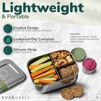 Everusely - Bento Box - Sage, 27oz / 0.8 L - Stainless Steel Lunch Box with Leakproof Condiment Container - 3 Compartment Snack Organizer for On the Go Meals - Freezer & Dishwasher Safe