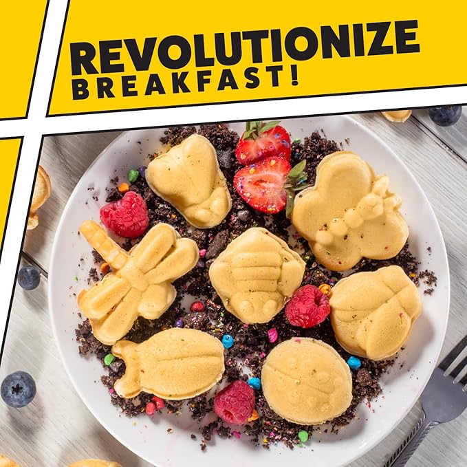 The Original Creepy Crawly Bug Waffle Maker- 7 Fun Different Insect Shaped Pancakes- Includes a Butterfly Lady Bug Bee & More- Electric Nonstick Waffler Iron, Morning Breakfast Treat or Kids Xmas Gift